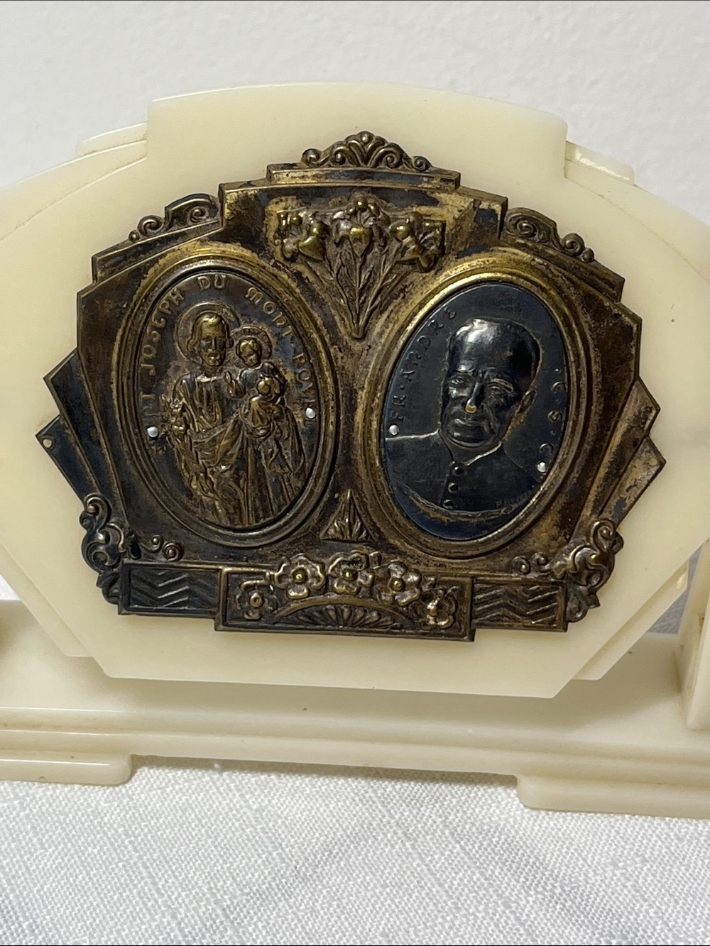 Vintage Ivory Decorative Plaque with Brass Medallions